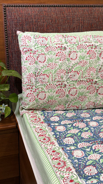Blue & Crimson Floral Handblock Print Bedsheet