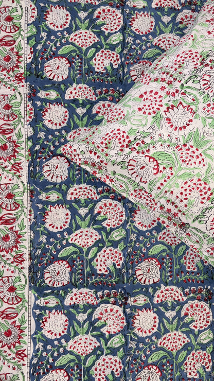 Blue & Crimson Floral Handblock Print Bedsheet