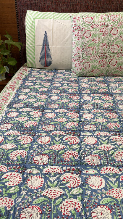 Blue & Crimson Floral Handblock Print Bedsheet