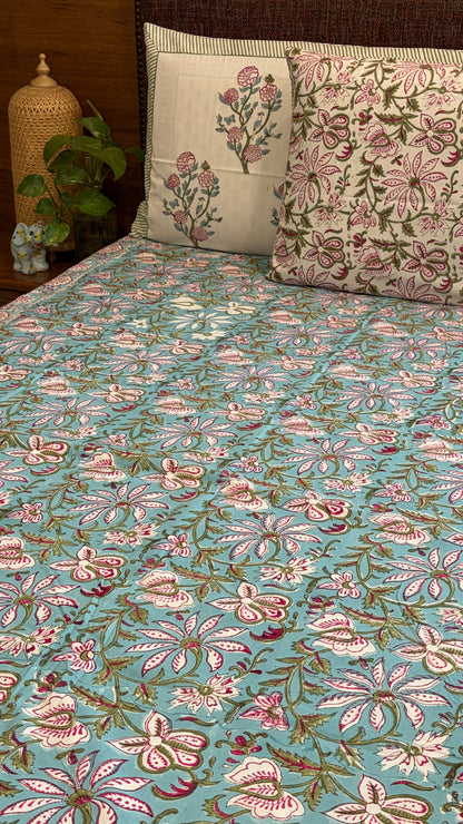 Turquoise Floral Jaal Bedsheet