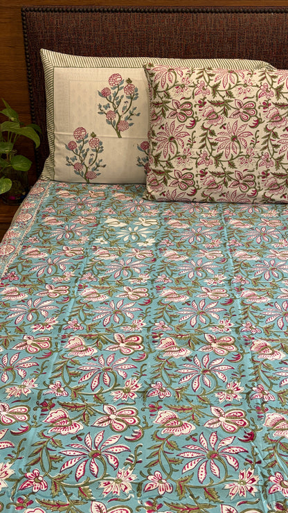 Turquoise Floral Jaal Bedsheet