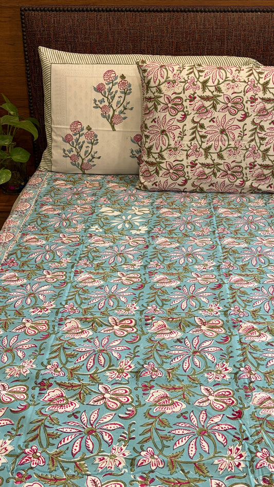 Turquoise Floral Jaal Bedsheet