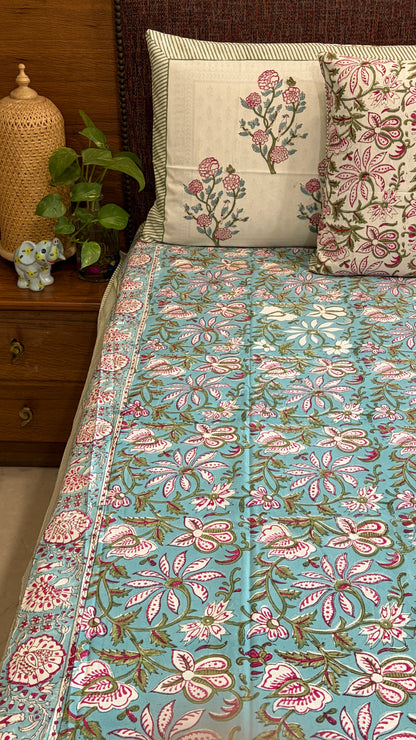 Turquoise Floral Jaal Bedsheet
