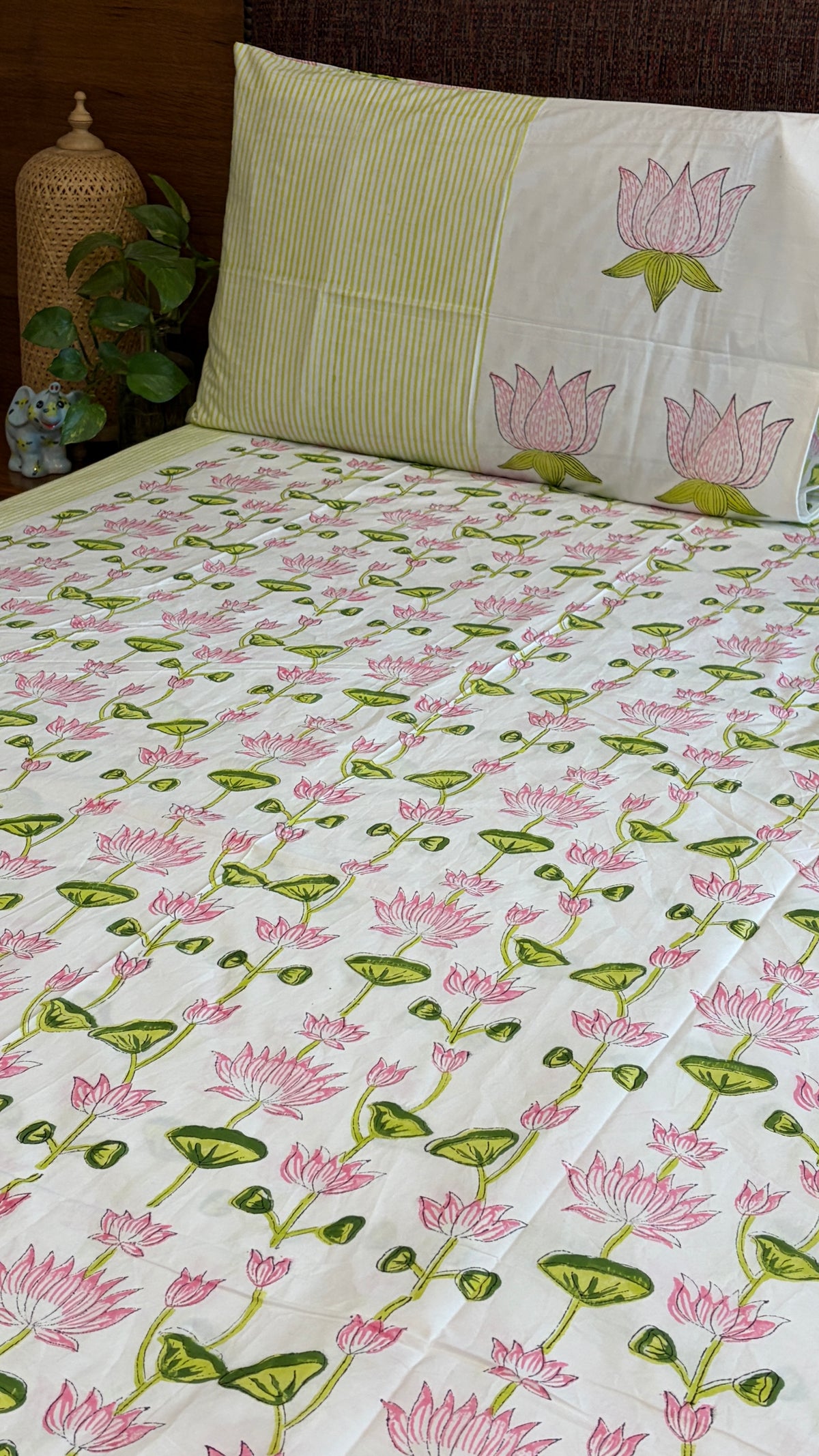 Pink Lotus & Sage Green Bedsheet