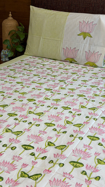 Pink Lotus & Sage Green Bedsheet