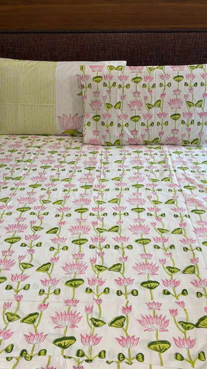 Pink Lotus & Sage Green Bedsheet