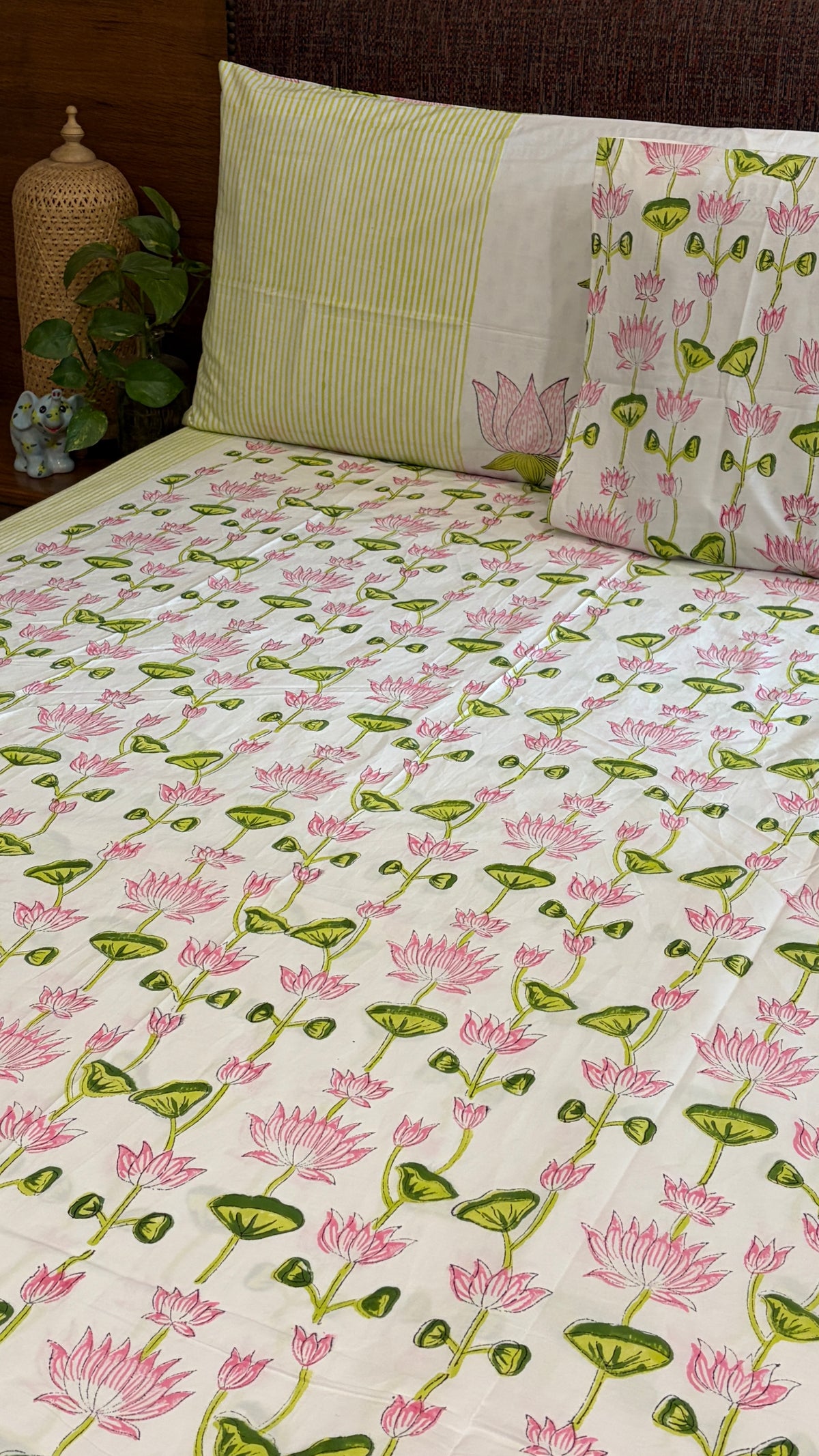Pink Lotus & Sage Green Bedsheet