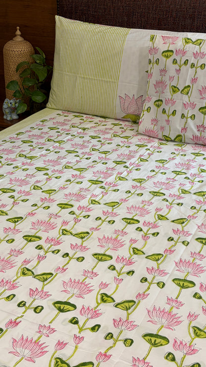 Pink Lotus & Sage Green Bedsheet