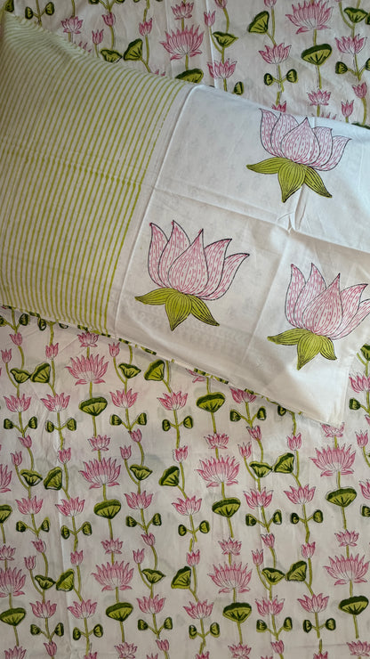 Pink Lotus & Sage Green Bedsheet