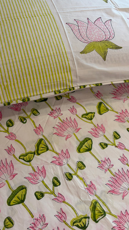 Pink Lotus & Sage Green Bedsheet