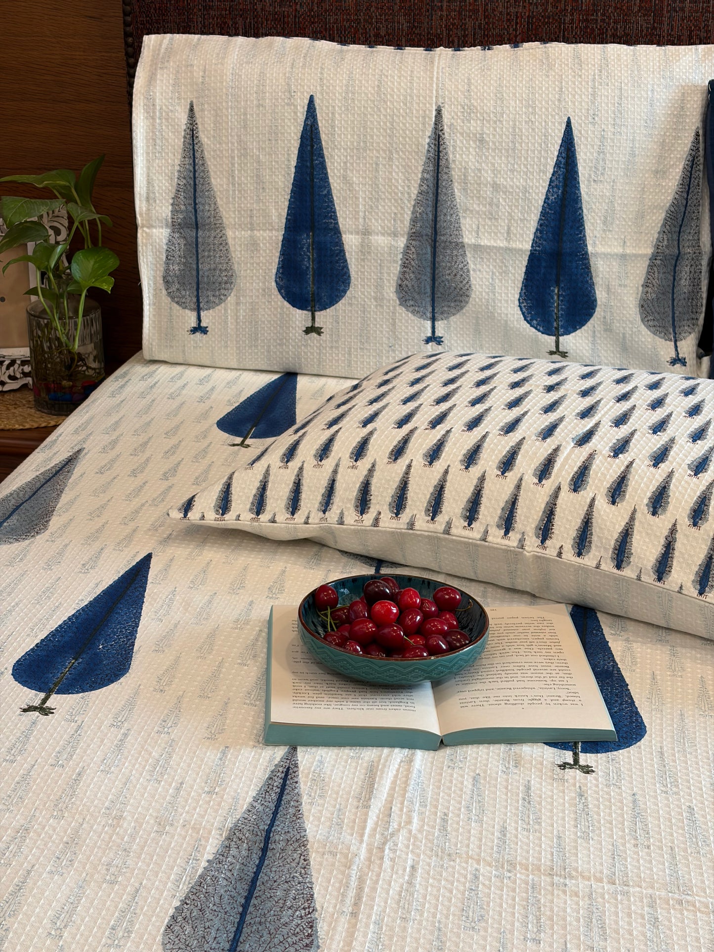 Blue Grey Cypress Tree Motif Bedcover