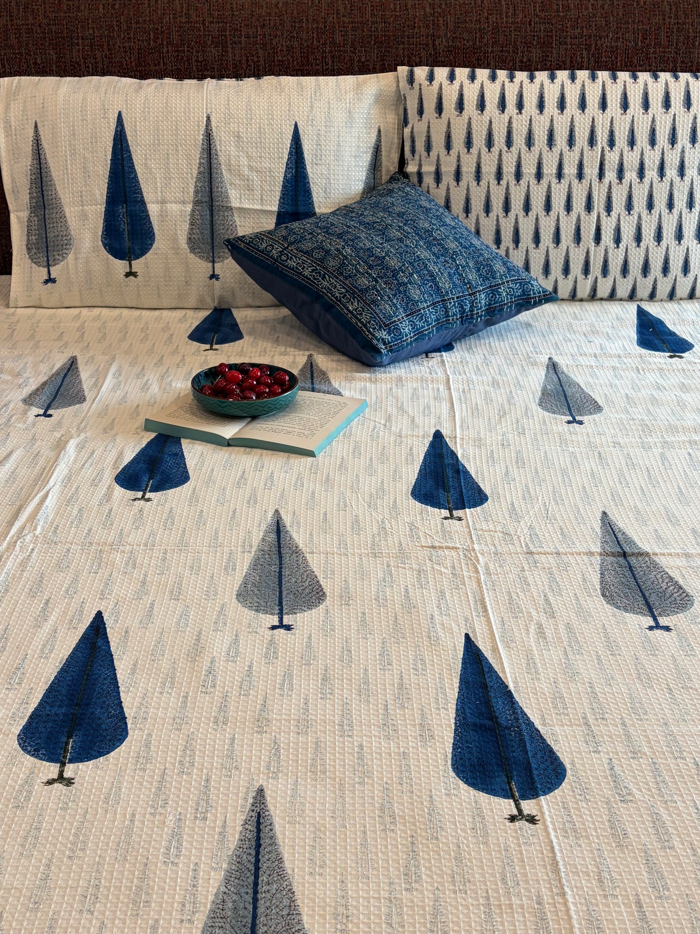 Blue Grey Cypress Tree Motif Bedcover