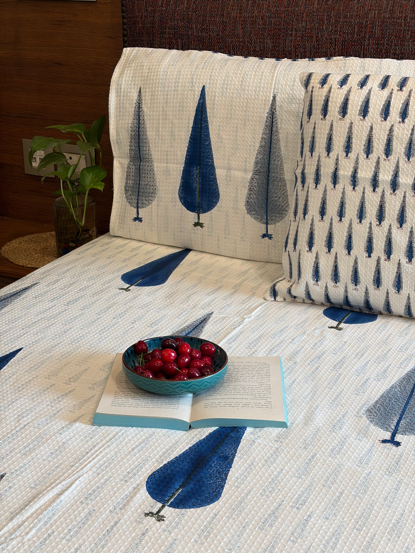 Blue Grey Cypress Tree Motif Bedcover