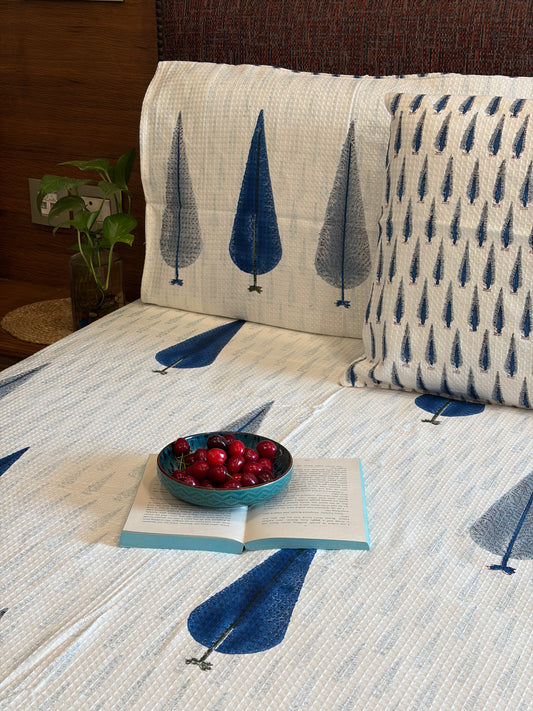Blue Grey Cypress Tree Motif Bedcover