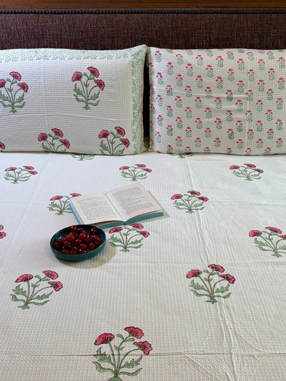 Pink Poppy & Sage Green Bedcover