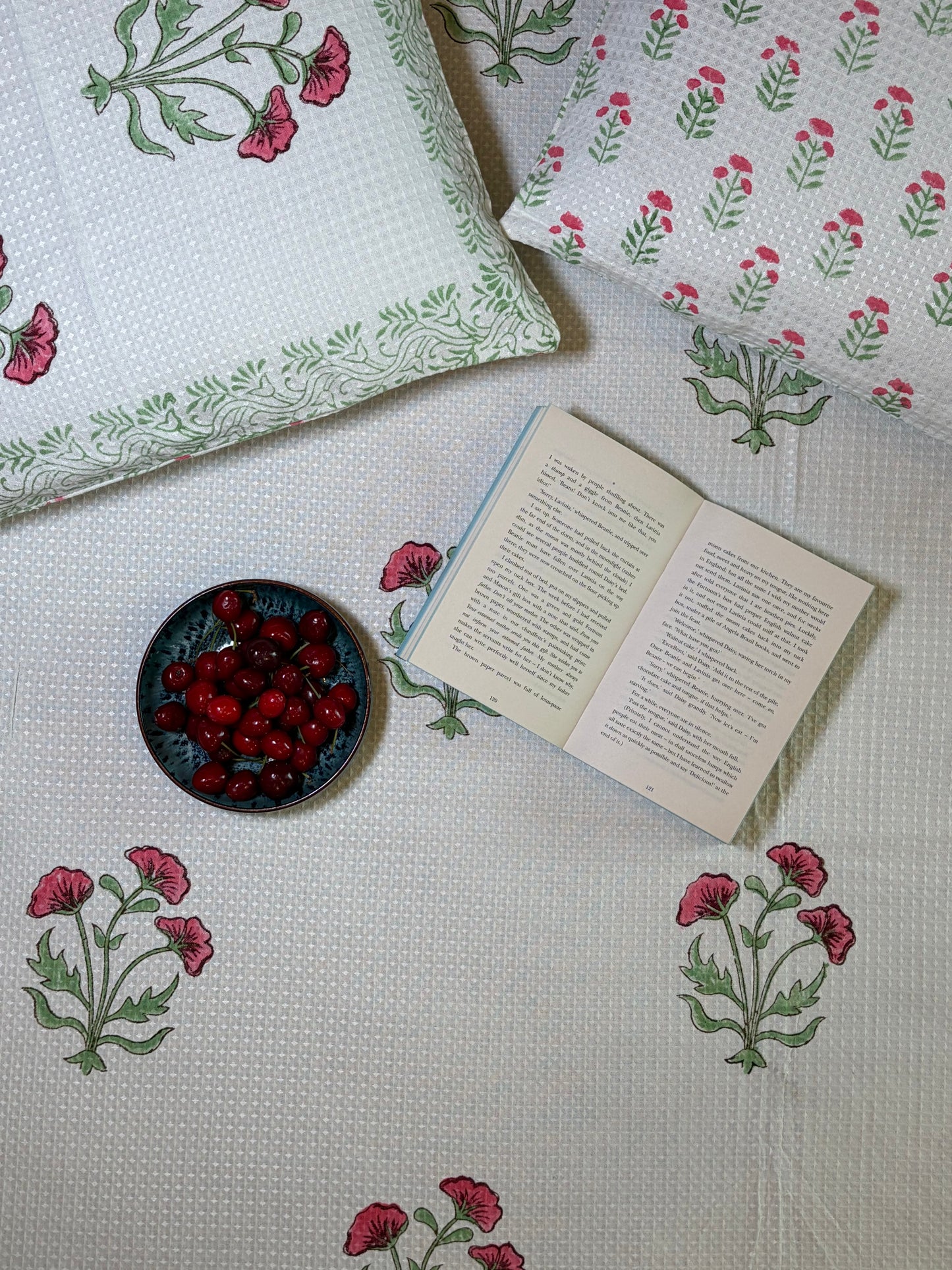 Pink Poppy & Sage Green Bedcover