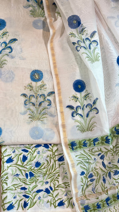 Ivory & Ocean Blue Embroidered Suit