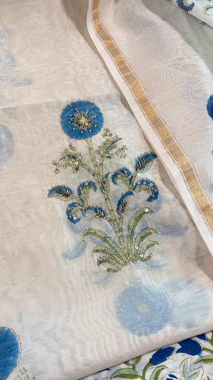 Ivory & Ocean Blue Embroidered Suit