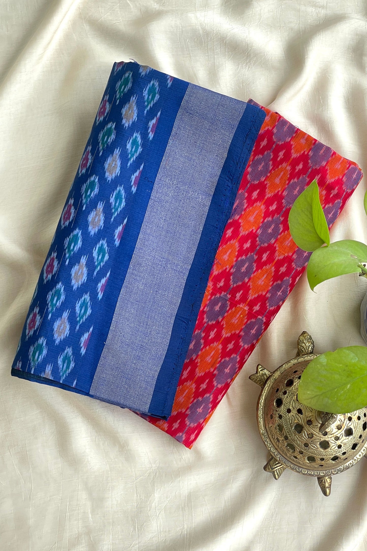 RED AND BLUE SINGLE IKKAT SILK COTTON SUIT