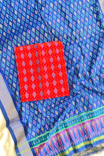 RED AND BLUE SINGLE IKKAT SILK COTTON SUIT