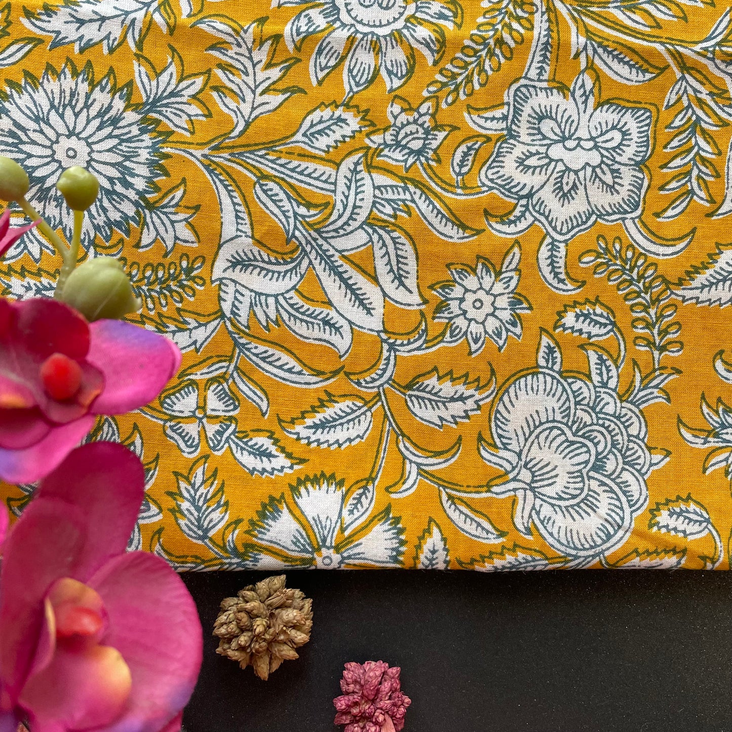 YELLOW HAND BLOCK PRINTED BLOUSE PIECE