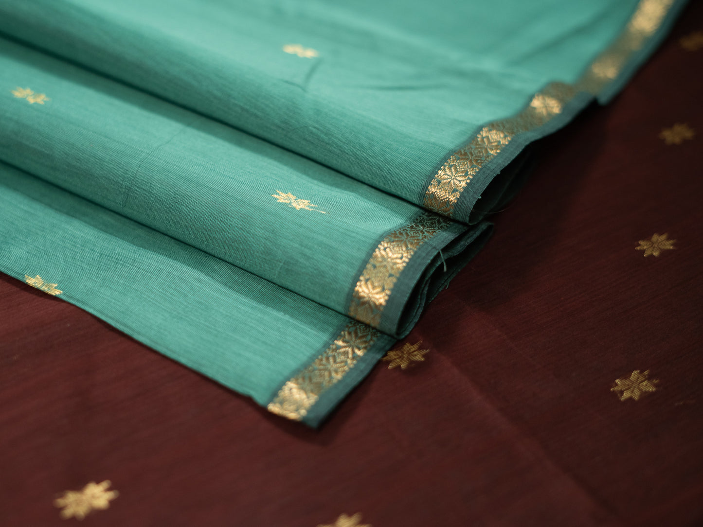TEAL GREEN AND BROWN MAHESHWARI HANDLOOM SARI