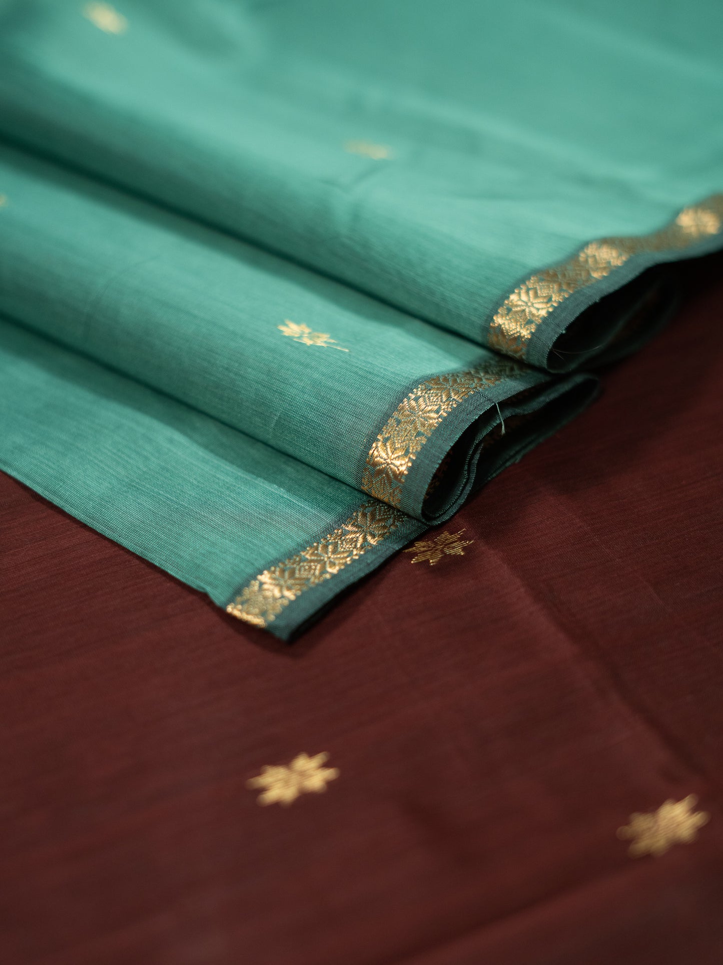 TEAL GREEN AND BROWN MAHESHWARI HANDLOOM SARI