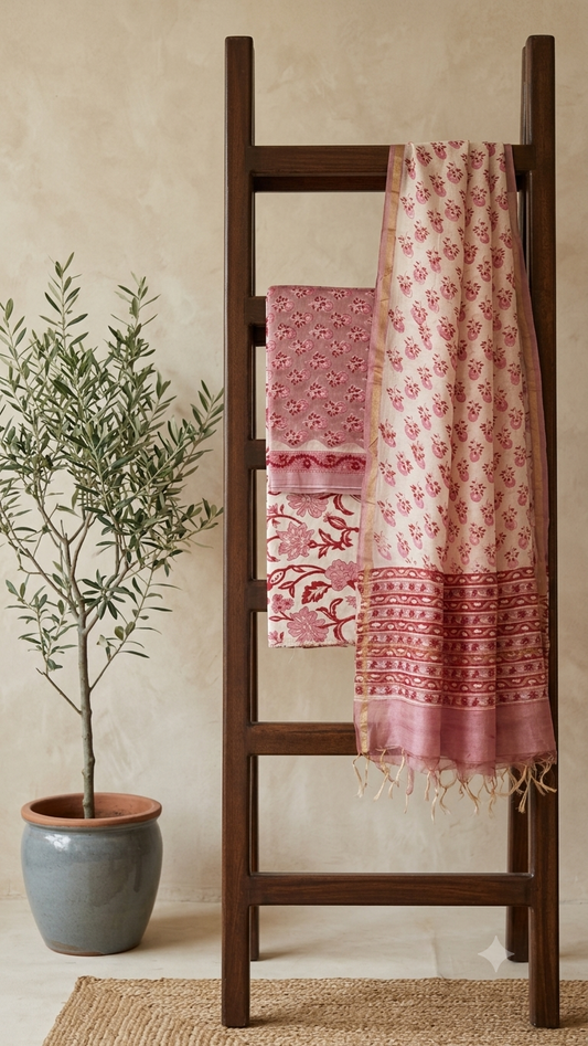 DUSTY PINK CHANDERI HAND PRINT SUIT