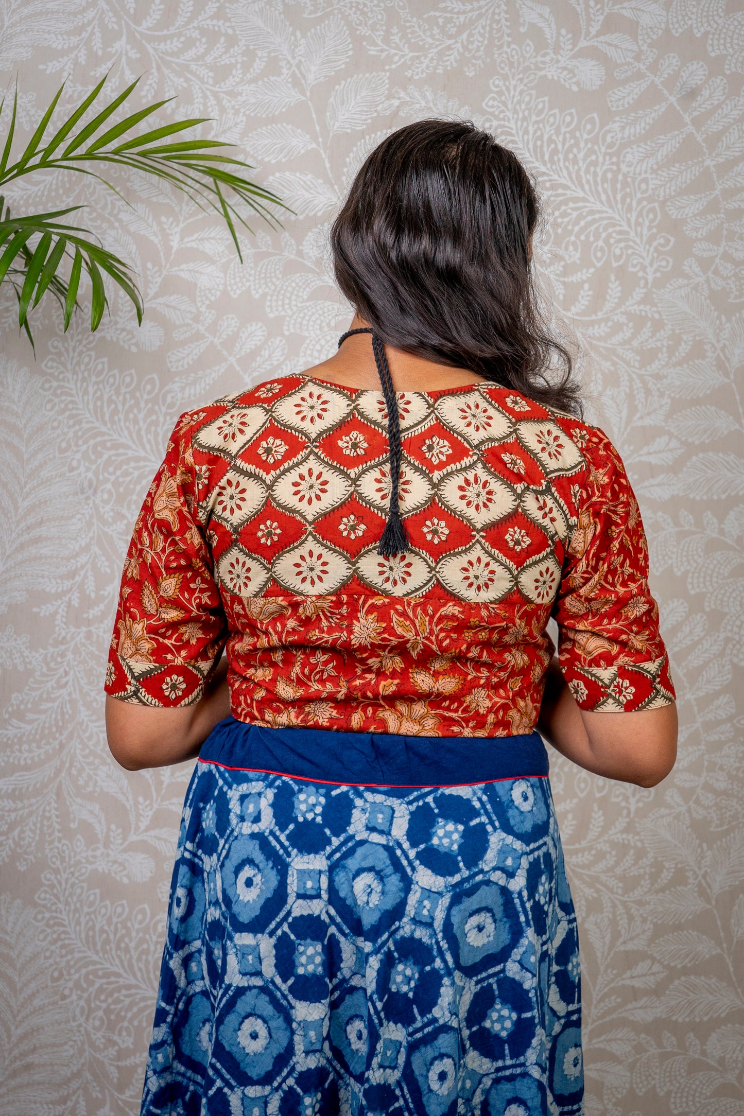 RED & OFFWHITE BLOCK PRINTED COTTON BLOUSE