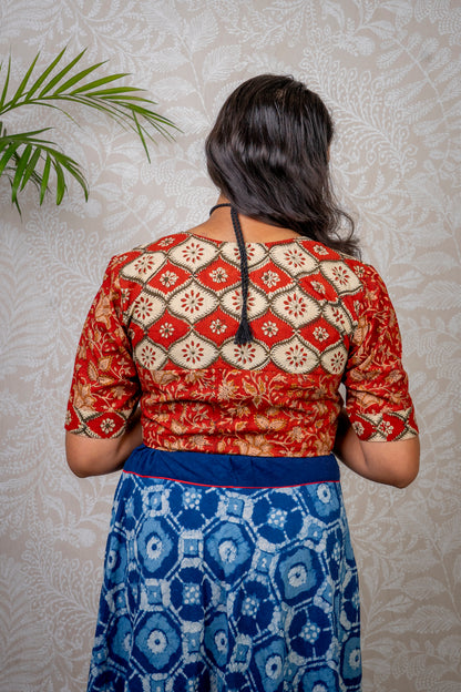 RED & OFFWHITE BLOCK PRINTED COTTON BLOUSE
