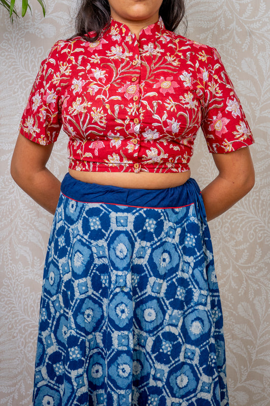 RED & WHITE FLORAL BLOCK PRINTED COTTON BLOUSE