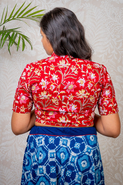RED & WHITE FLORAL BLOCK PRINTED COTTON BLOUSE