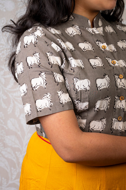 GREY & WHITE COW BLOCK PRINTED COTTON BLOUSE