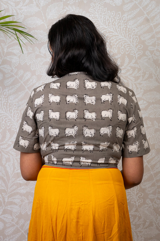 GREY & WHITE COW BLOCK PRINTED COTTON BLOUSE