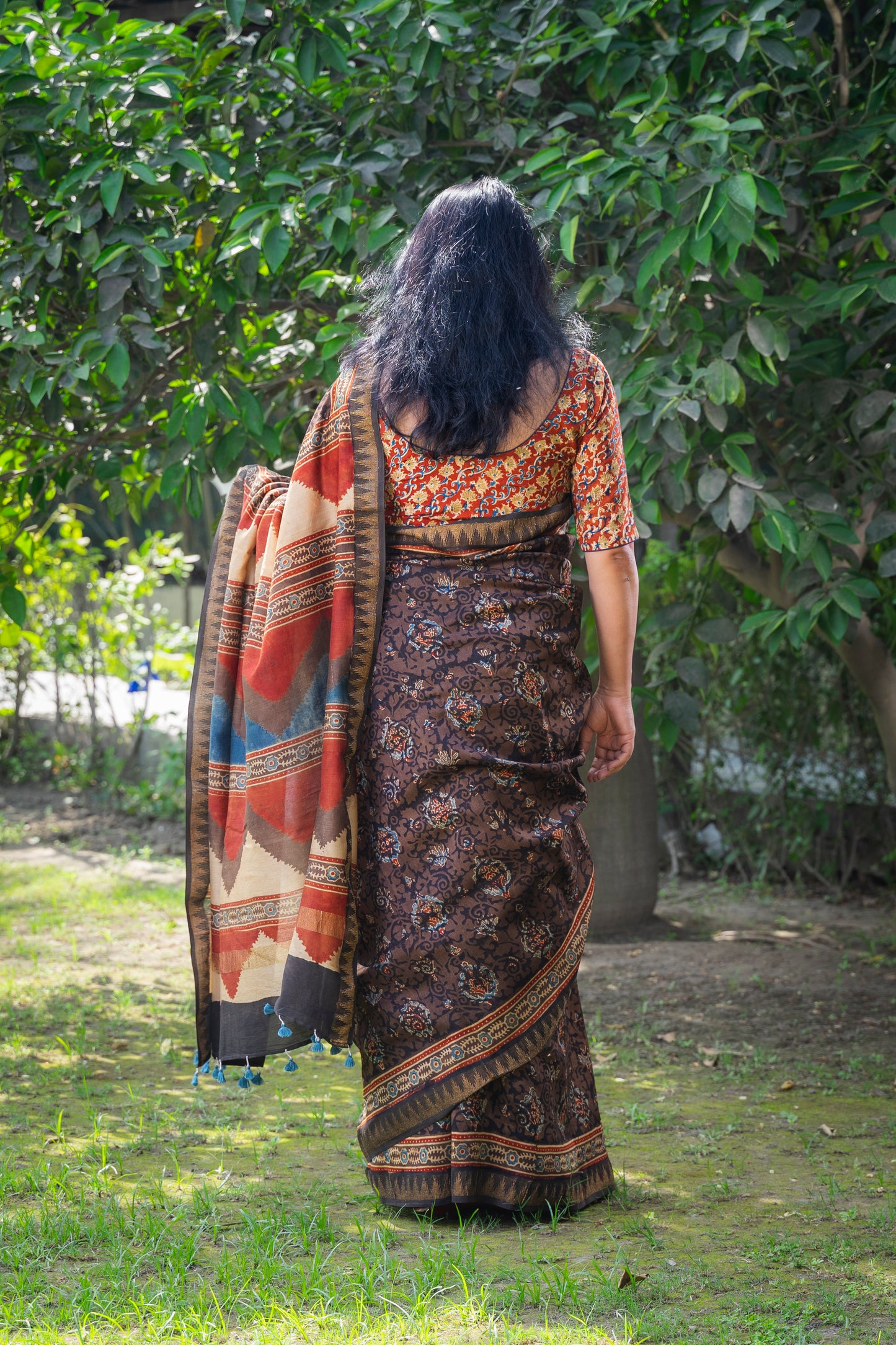 BLACK BROWN AJRAKH BLOCK PRINT SARI