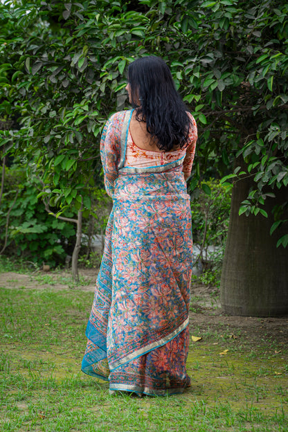 BLUE PEACH FLORAL BLOCK PRINT KOTA SILK SARI