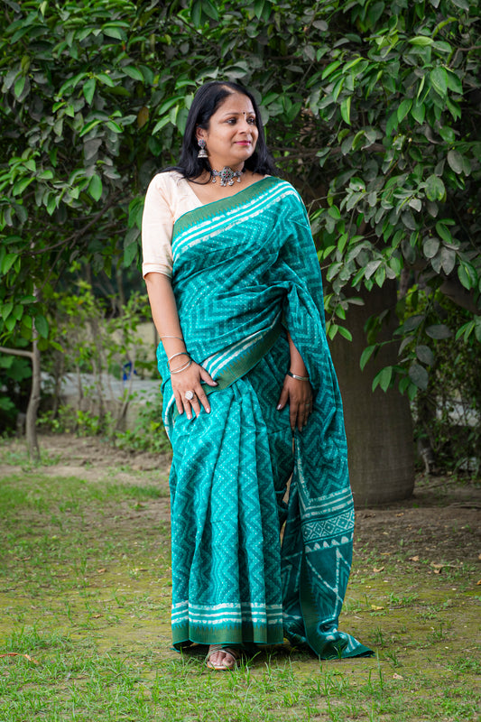 TIFFANY BLUE ZIG-ZAG BLOCK PRINT CHANDERI SARI