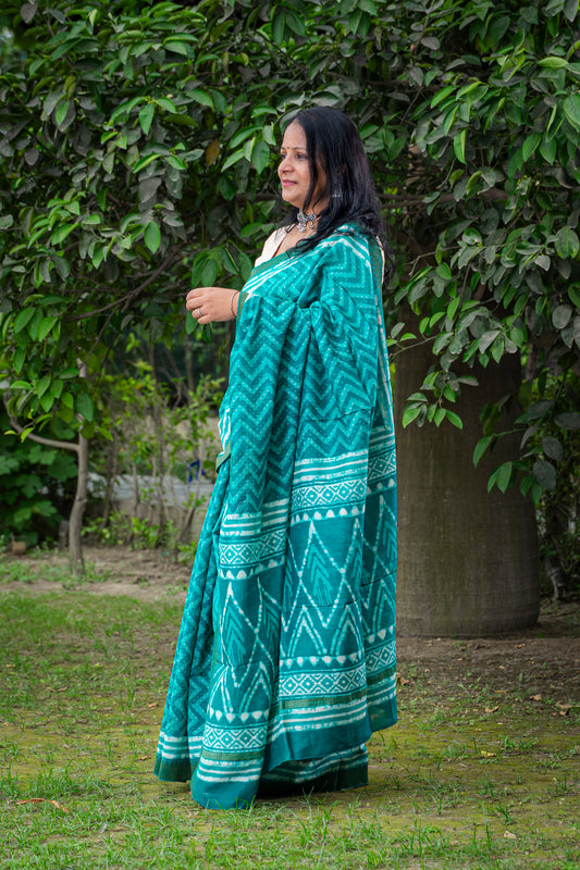 TIFFANY BLUE ZIG-ZAG BLOCK PRINT CHANDERI SARI