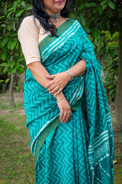 TIFFANY BLUE ZIG-ZAG BLOCK PRINT CHANDERI SARI