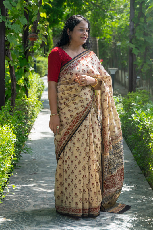 BEIGE-RED MOTIF BLOCK PRINT CHANDERI SARI