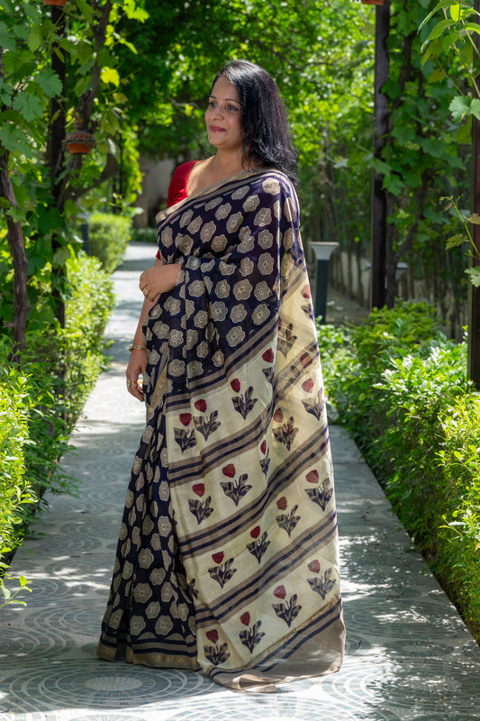 DARK BLUE GREY FLOWER BLOCK PRINT CHANDERI SARI