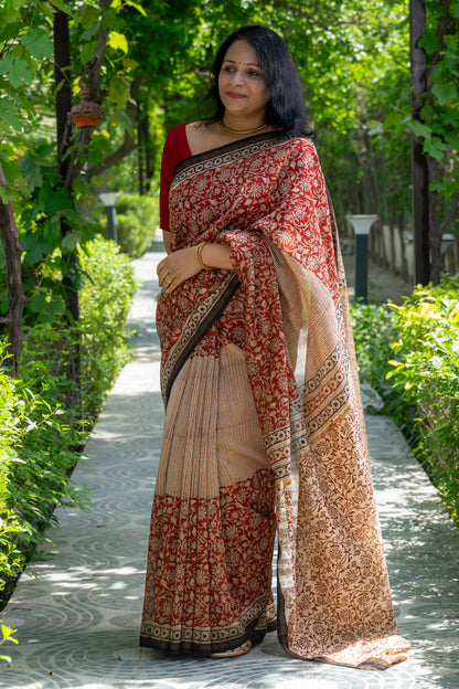 RED WHITE HALF FLORAL HALF STRIPE BLOCK PRINT CHANDERI SARI