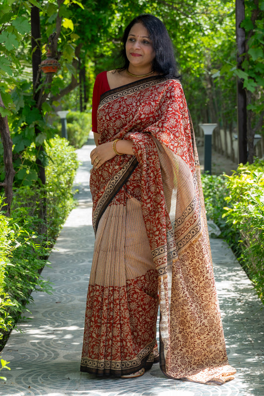RED WHITE HALF FLORAL HALF STRIPE BLOCK PRINT CHANDERI SARI