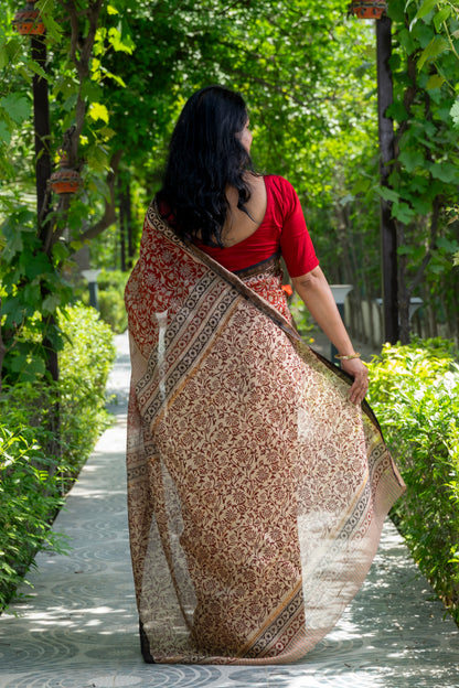 RED WHITE HALF FLORAL HALF STRIPE BLOCK PRINT CHANDERI SARI