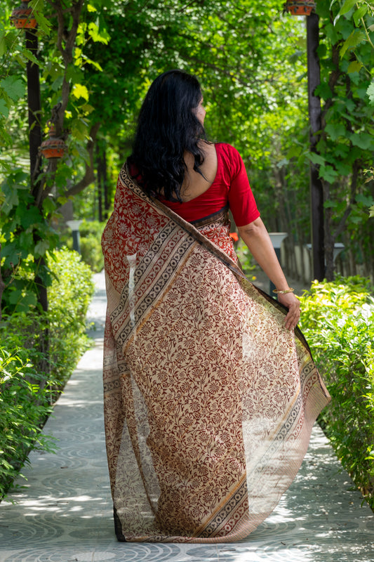 RED WHITE HALF FLORAL HALF STRIPE BLOCK PRINT CHANDERI SARI
