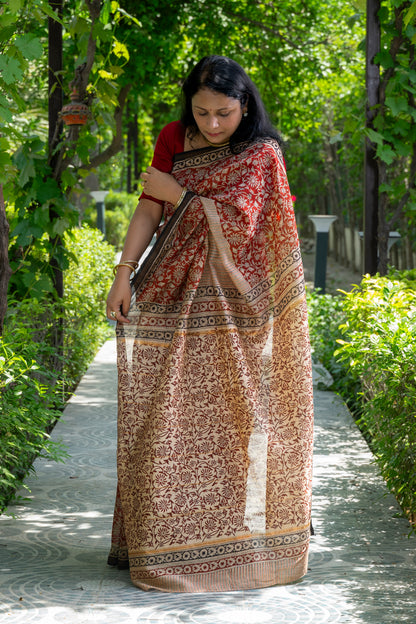 RED WHITE HALF FLORAL HALF STRIPE BLOCK PRINT CHANDERI SARI
