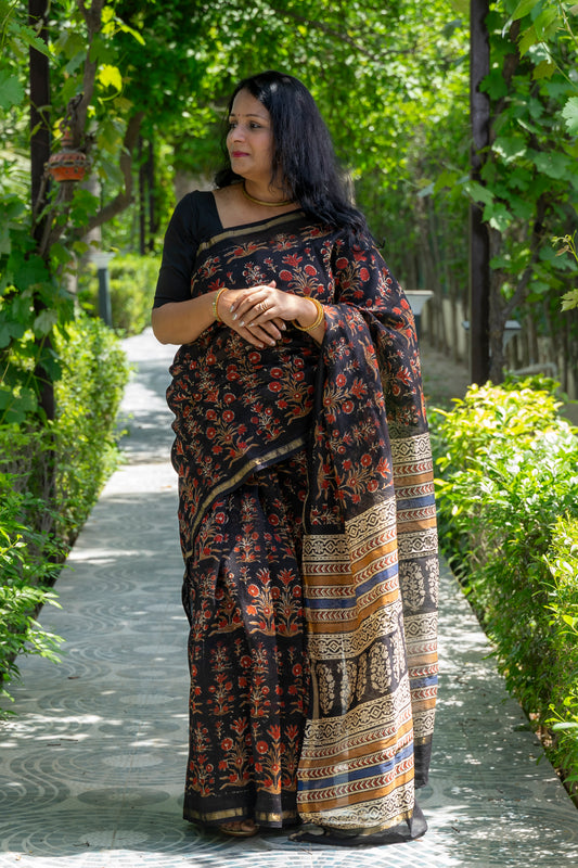BLACK FLORAL BLOCK PRINT CHANDERI SARI