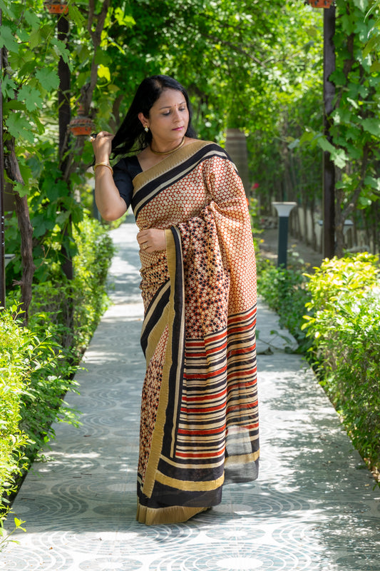 RED-BLACK FLOWER BLOCK PRINT CHANDERI SARI