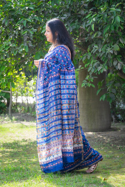 BLUE RED FLORAL HAND BLOCK PRINT CHANDERI SARI