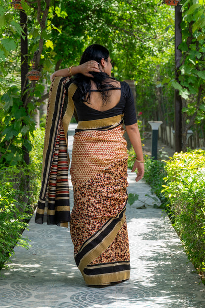 RED-BLACK FLOWER BLOCK PRINT CHANDERI SARI
